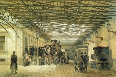 Abfahrt einer Postkutsche vom Bahnhof St. Petersburg, 1848